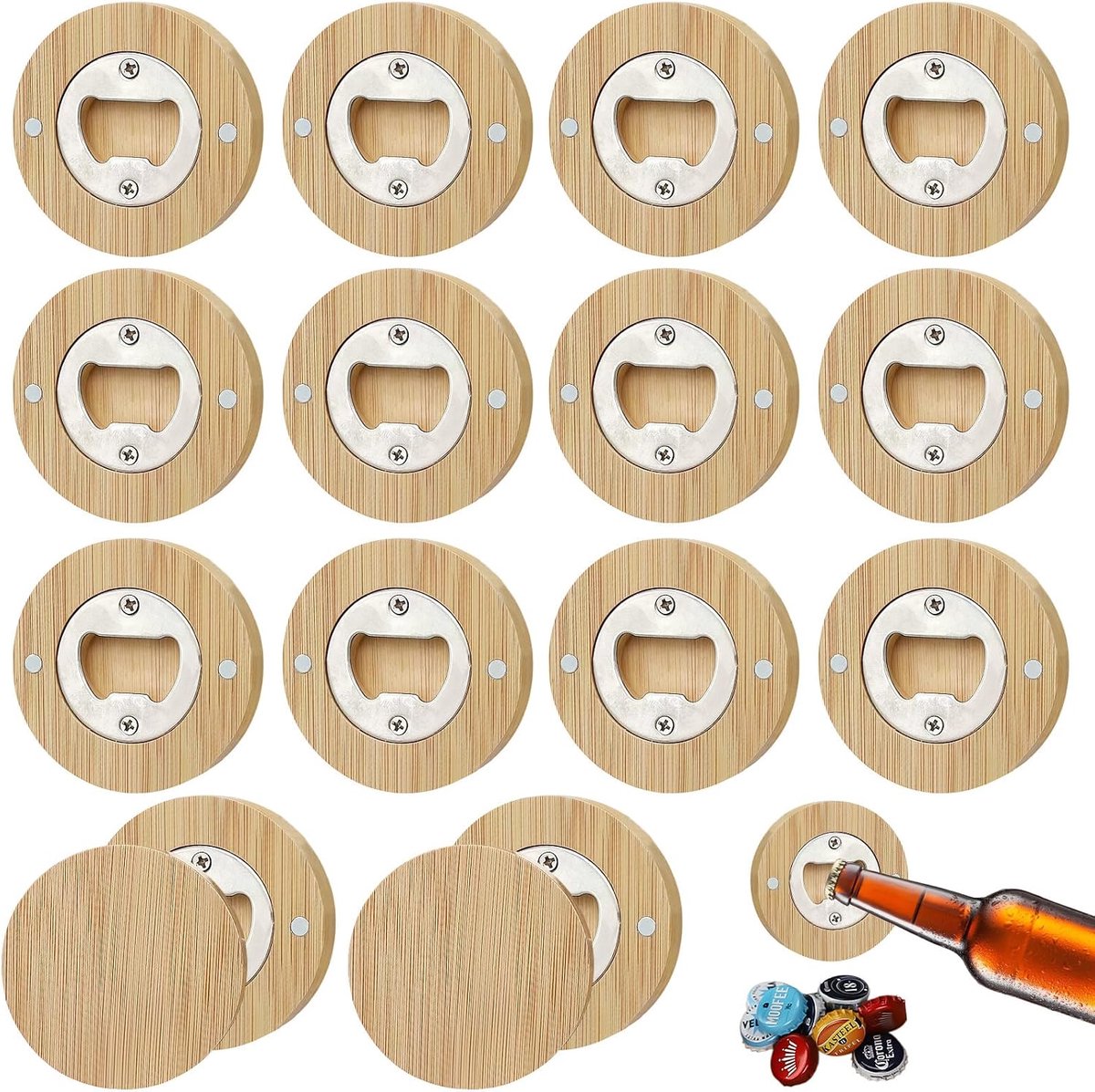 Houten flesopeners 16 stuks - Ronde bamboo opener - Magnetisch en persoonlijk - Perfect voor mannen - ShopVlot