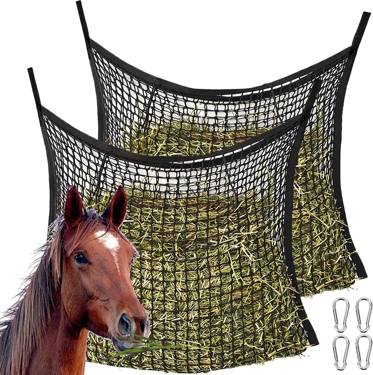 Hooinet voor paarden 60 x 90 cm - Robuust en zacht - Met 4 karabiners - Voedertijd verlengen - ShopVlot
