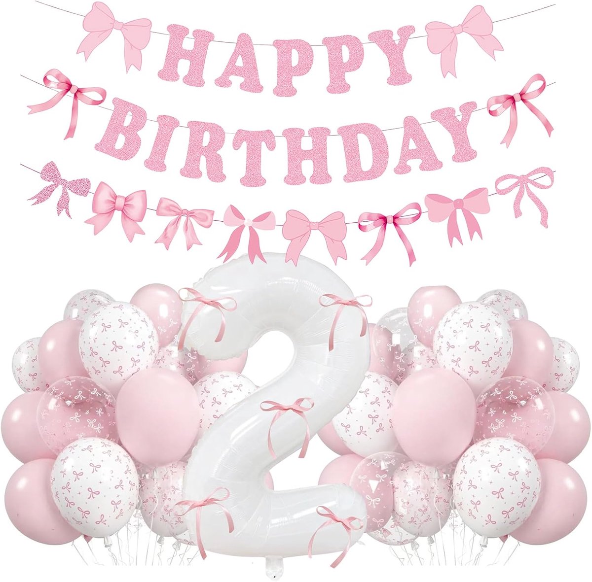 Verjaardagsdecoratie 2e verjaardag - 50 stuks roze ballonnen en slinger - feestelijke strikken - compleet themafeest - ShopVlot