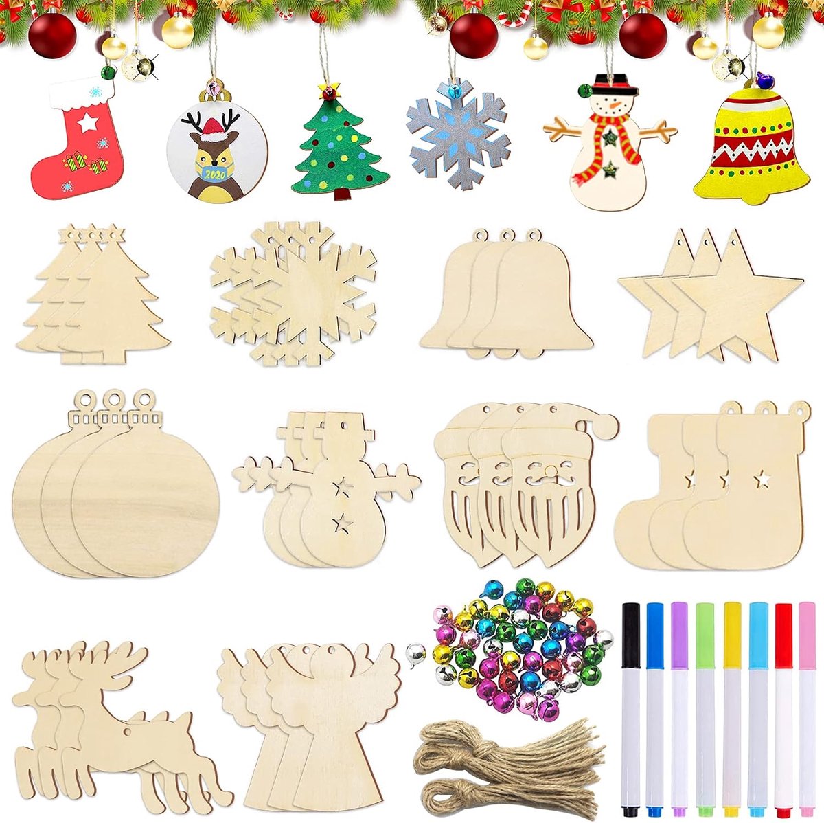 Houten kerstpendants 98pcs - Diverse vormen - Voor schilderen - DIY kerstdecoratie - ShopVlot