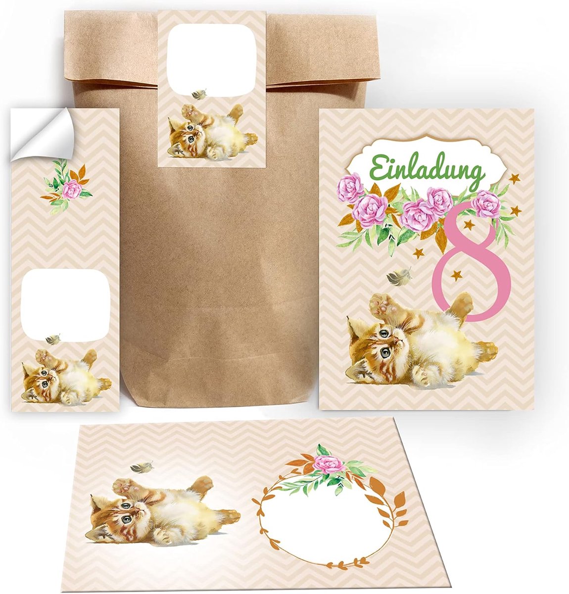 Uitnodigingskaarten 8e verjaardag - Kat thema - Inclusief enveloppen en stickers - Perfect voor meisjes - ShopVlot
