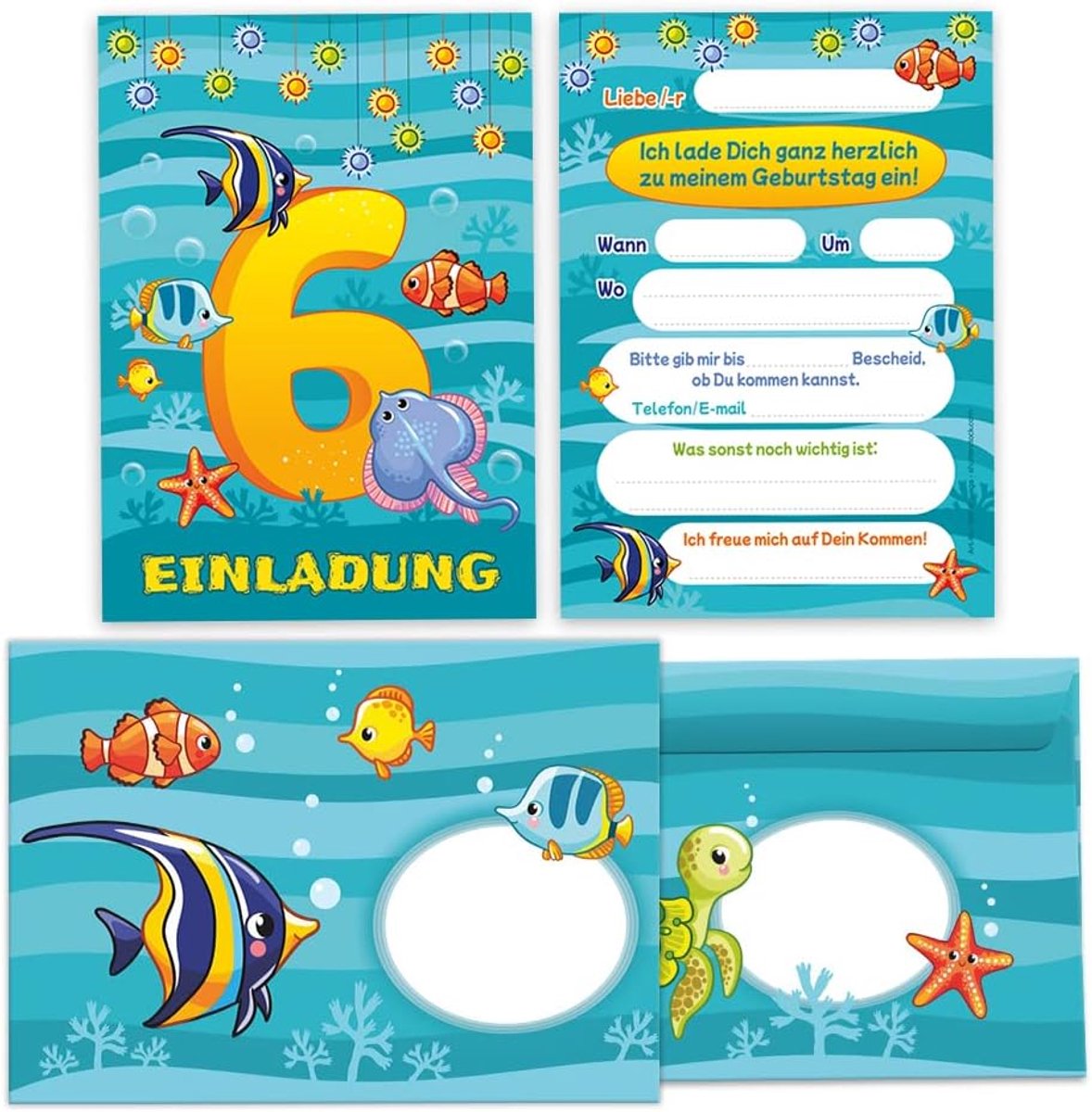 Uitnodigingskaarten 6e verjaardag - 12 kaarten met enveloppen - Voor jongens en meisjes - Perfect voor een visfeestje - ShopVlot