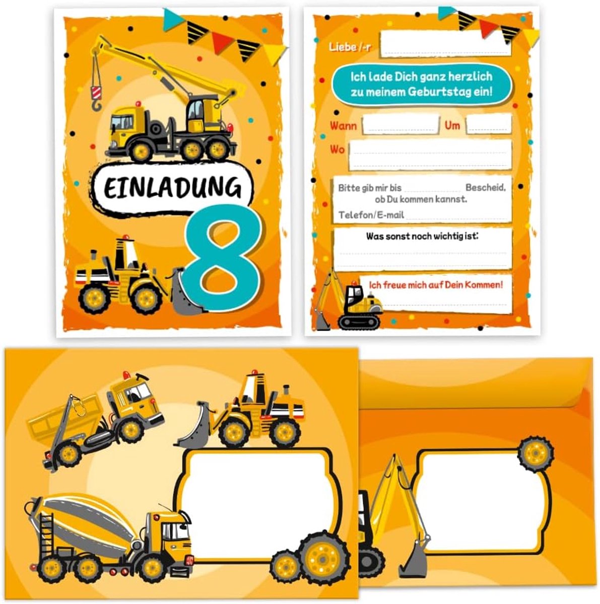 uitnodigingskaarten 12 stuks - 8e verjaardag jongens - bouwplaats thema - perfect voor feest - ShopVlot