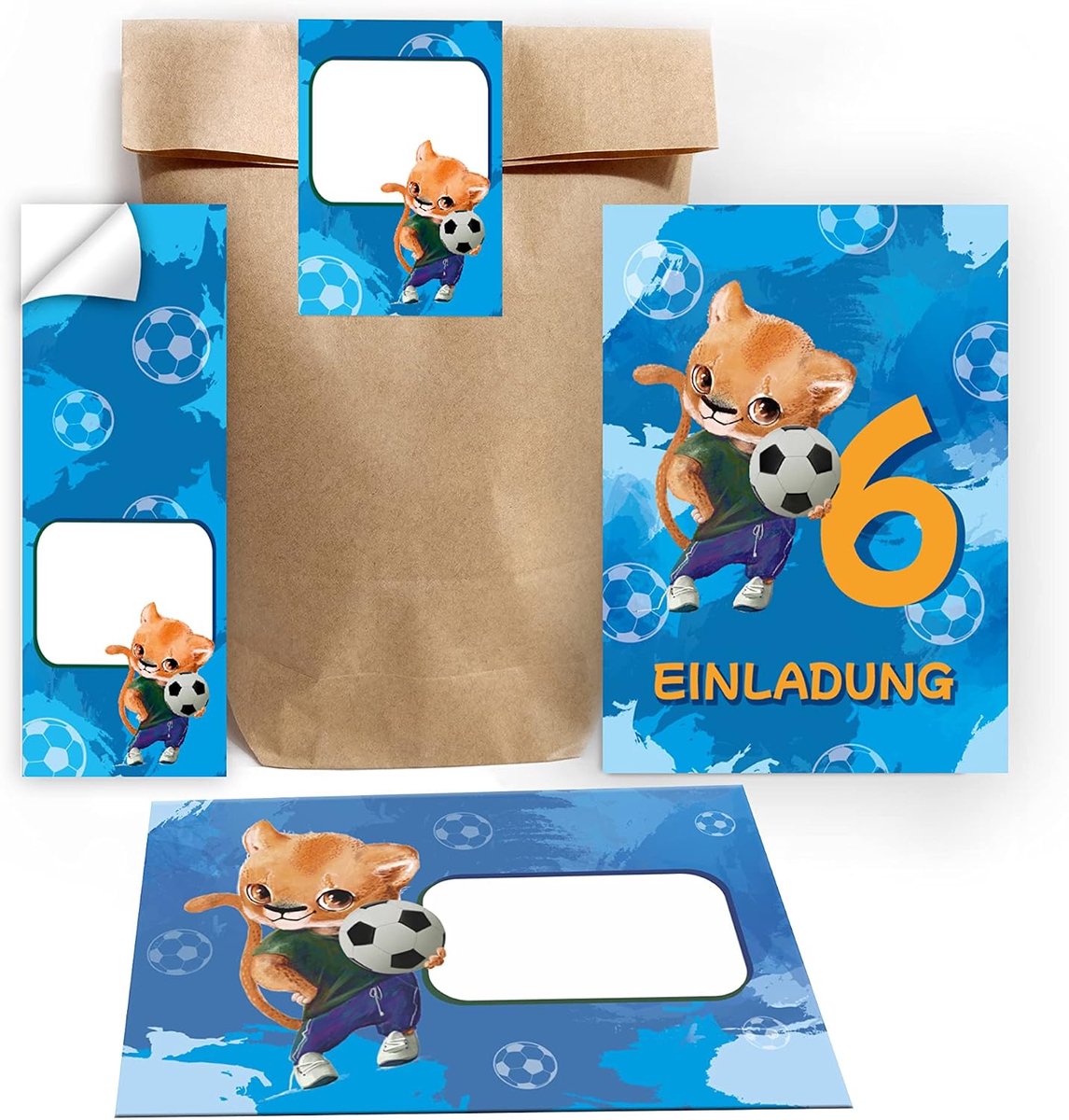 Uitnodigingskaarten 12 stuks - 6e verjaardag jongens voetbal leeuw - Inclusief enveloppen en stickers - ShopVlot