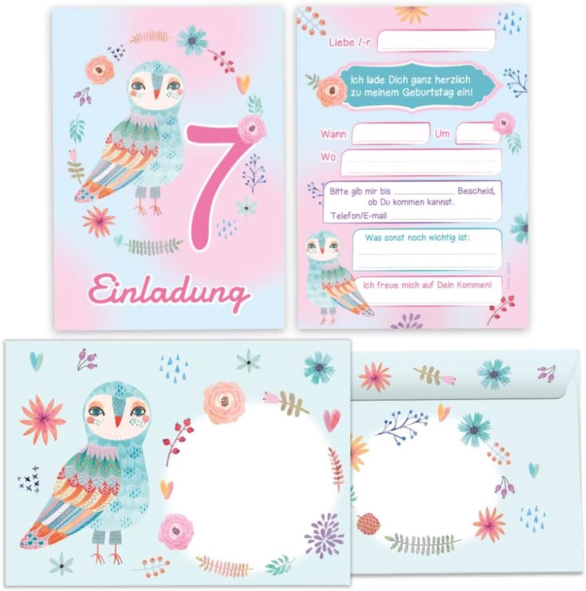 Uitnodigingskaarten 7e verjaardag meisje - uil - 12 kaarten en 12 enveloppen - makkelijk invullen - ShopVlot