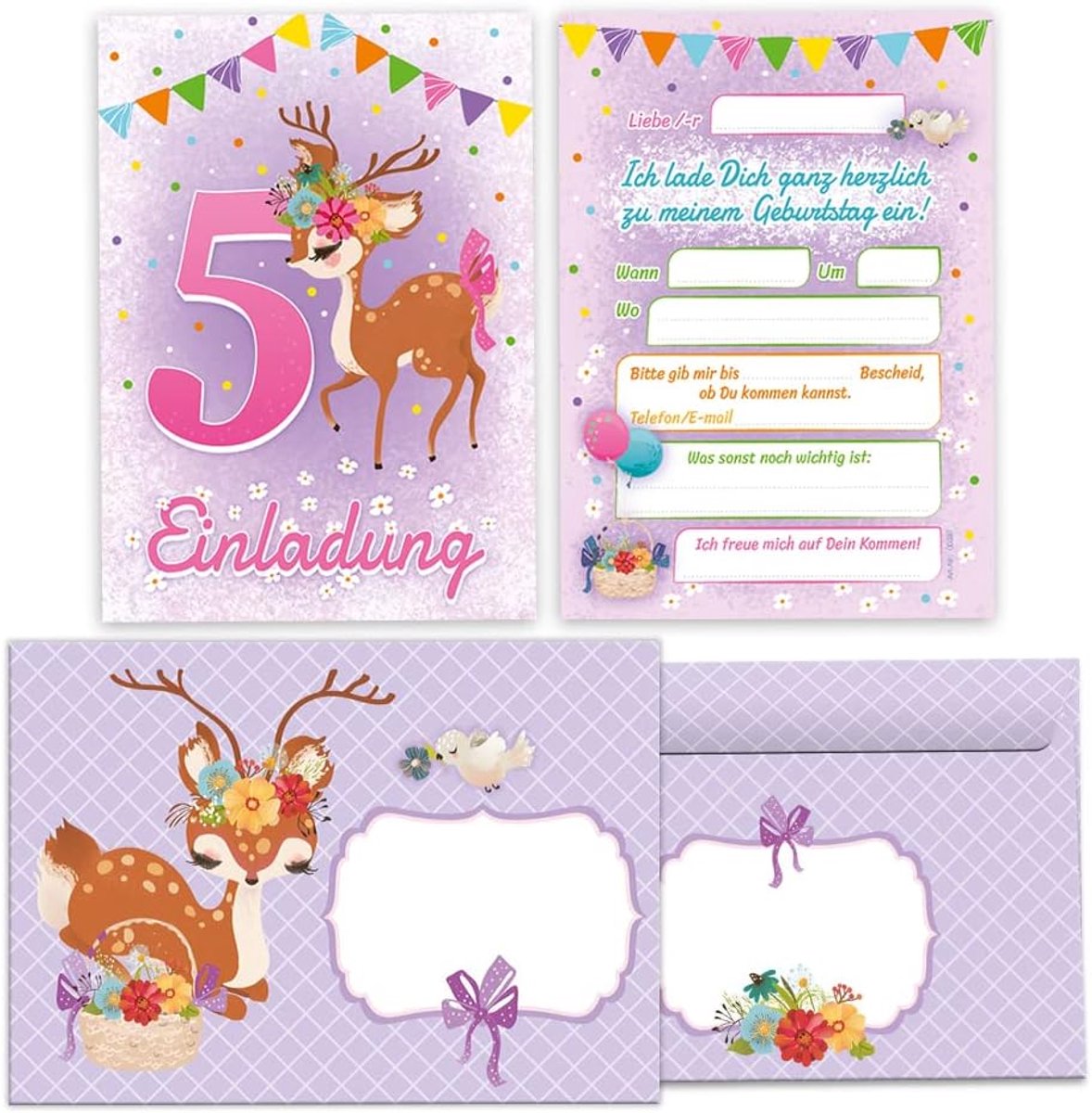 Uitnodigingskaarten 12 stuks - Hertje thema - Inclusief enveloppen - Perfect voor 5e verjaardag meisje - ShopVlot
