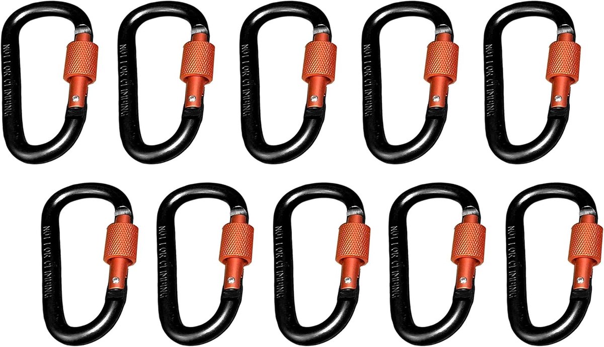 Karabijnhaken set van 10 - zwart/oranje - 100 kg - ideaal voor outdoor gebruik - ShopVlot