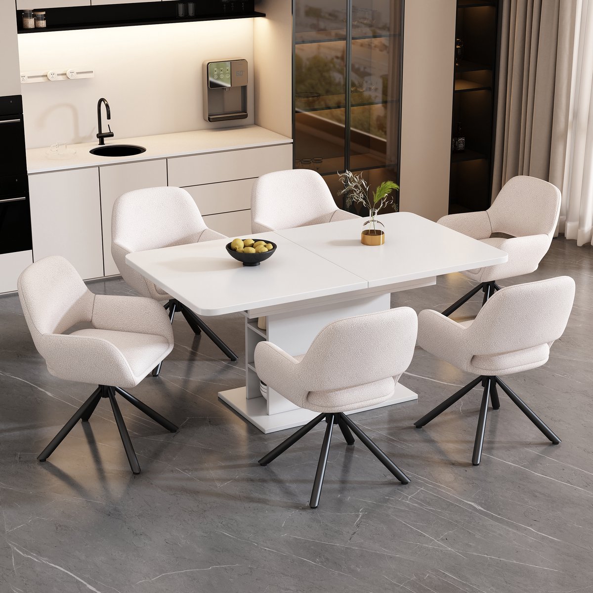 MODFU Eettafelset - 6 Stoelen - Uitrekbaar - Opbergruimte - Wit - Modern