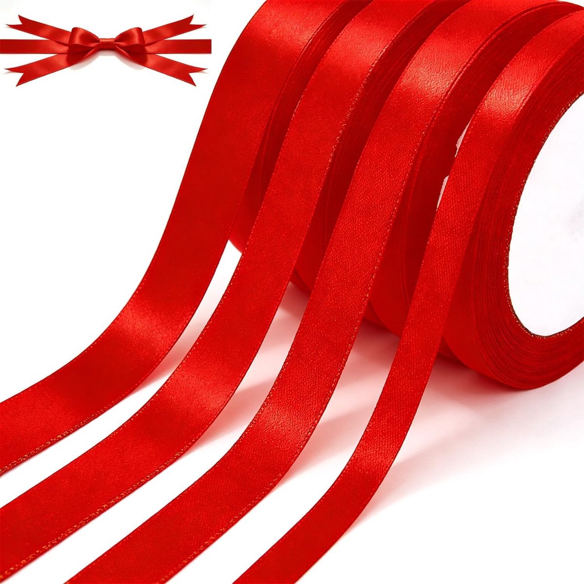 Set van 4 Rollen Satijnlint in Rood, 0.6/1.0/1.5/2cm x 22m voor Cadeauverpakking, Bloemenboeketten en Creatieve Decoratie
