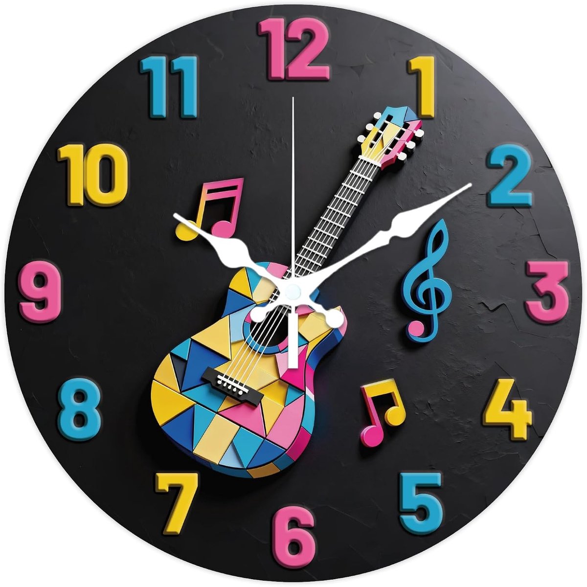 CHGCRAFT 3D Colorful Mosaic Pattern Wall Clock 12 Inch Non-ticking Clocks Guitar Round Wall Hanging Clock Battery - ShopVlot