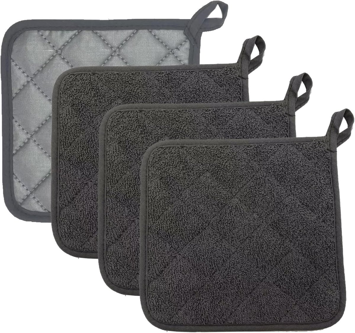 Set van 4 pannenlappen van katoen, grijs, keukenhulp, hittebestendig, vierkant, koken, bakken, pannenlappen voor - ShopVlot