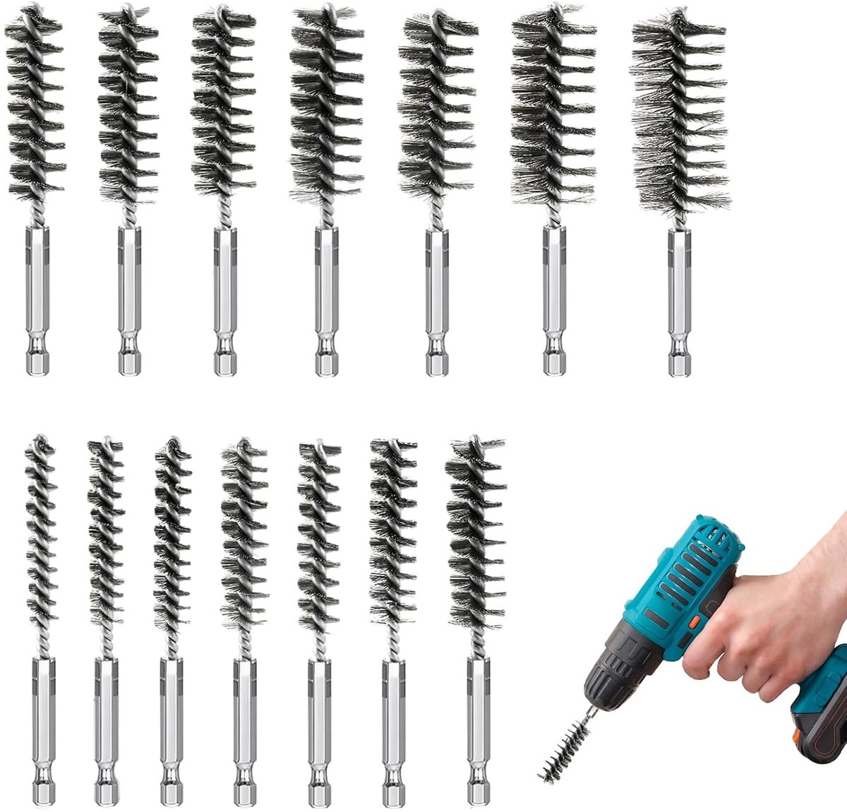 Pack of 14 Wire Brush, Drilling Machine, Drill Cylinder Brush with Hex Rod, Hole Brushes, Stainless Steel, 8-25 mm - ShopVlot