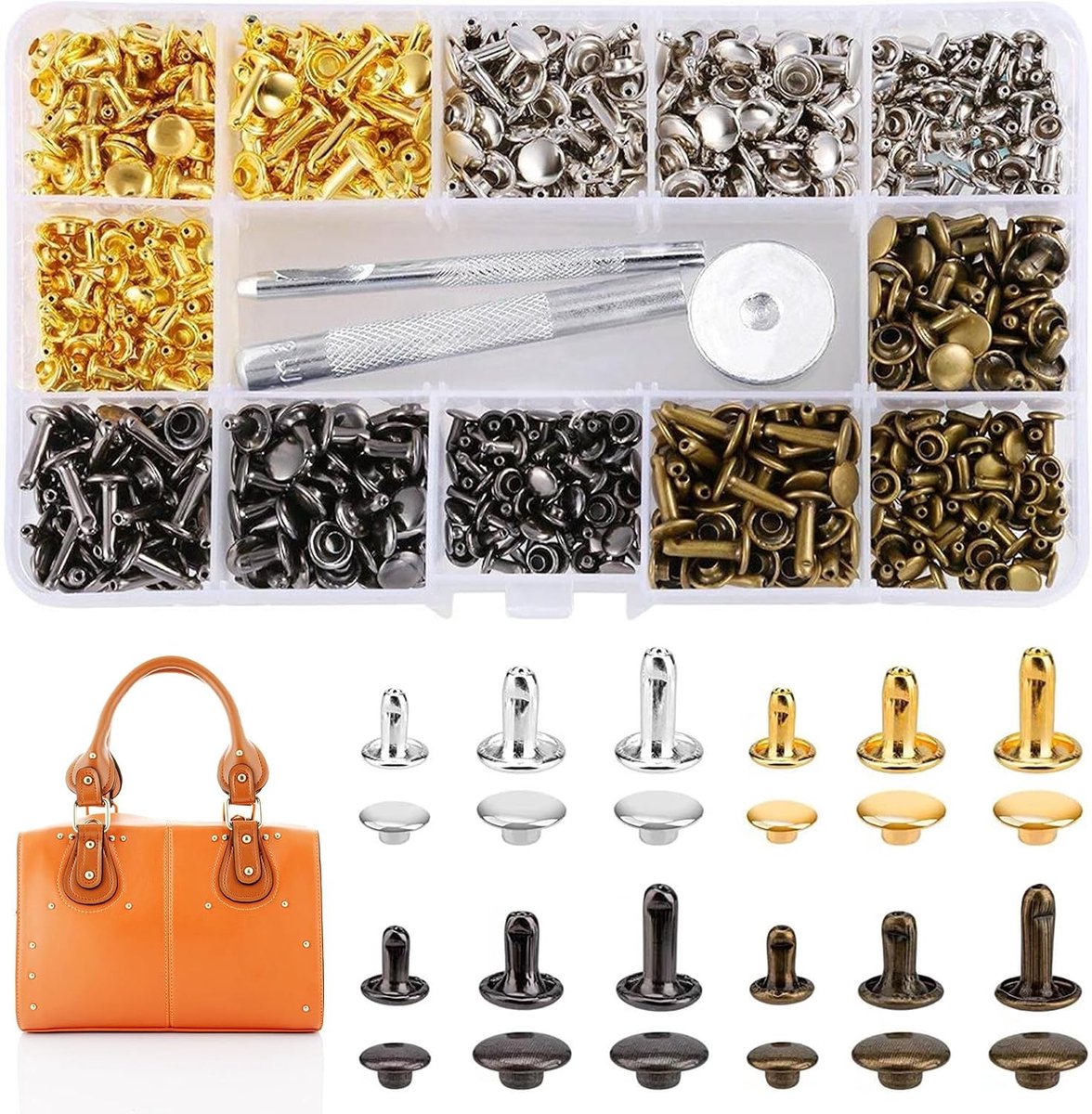 TXS 480 Pcs Leather Rivets 3 Sizes Double Cap Rivets with 3 Pcs Fastening Tools Kit Round Rivets Tubular Metal Studs - ShopVlot
