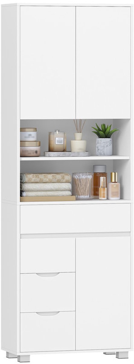 Hzuaneri Badkamerkast, hoge badkamerkast met verstelbare plank, commode met 4 laden en 3 kastdeuren, keukenkast, modern, voor woonkamer, badkamer, 30 x 60 x 190 cm, wit
