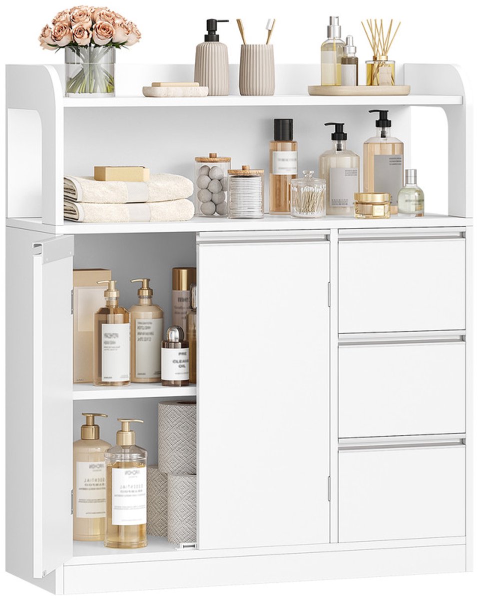 Hzuaneri Badkamerkast met 2 kastdeuren en 3 laden, Badkamerkast, bijzetkast met verstelbare plank, commode, modern, voor woonkamer, 30 x 80 x 92 cm, wit