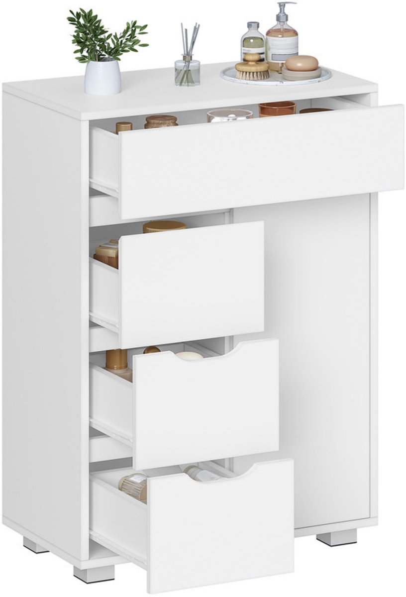 Hzuaneri Badkamerkast, badkamerkast met verstelbare plank, commode met 4 laden en 1 kastdeur, modern, voor woonkamer, badkamer, 30 x 55 x 82 cm, wit