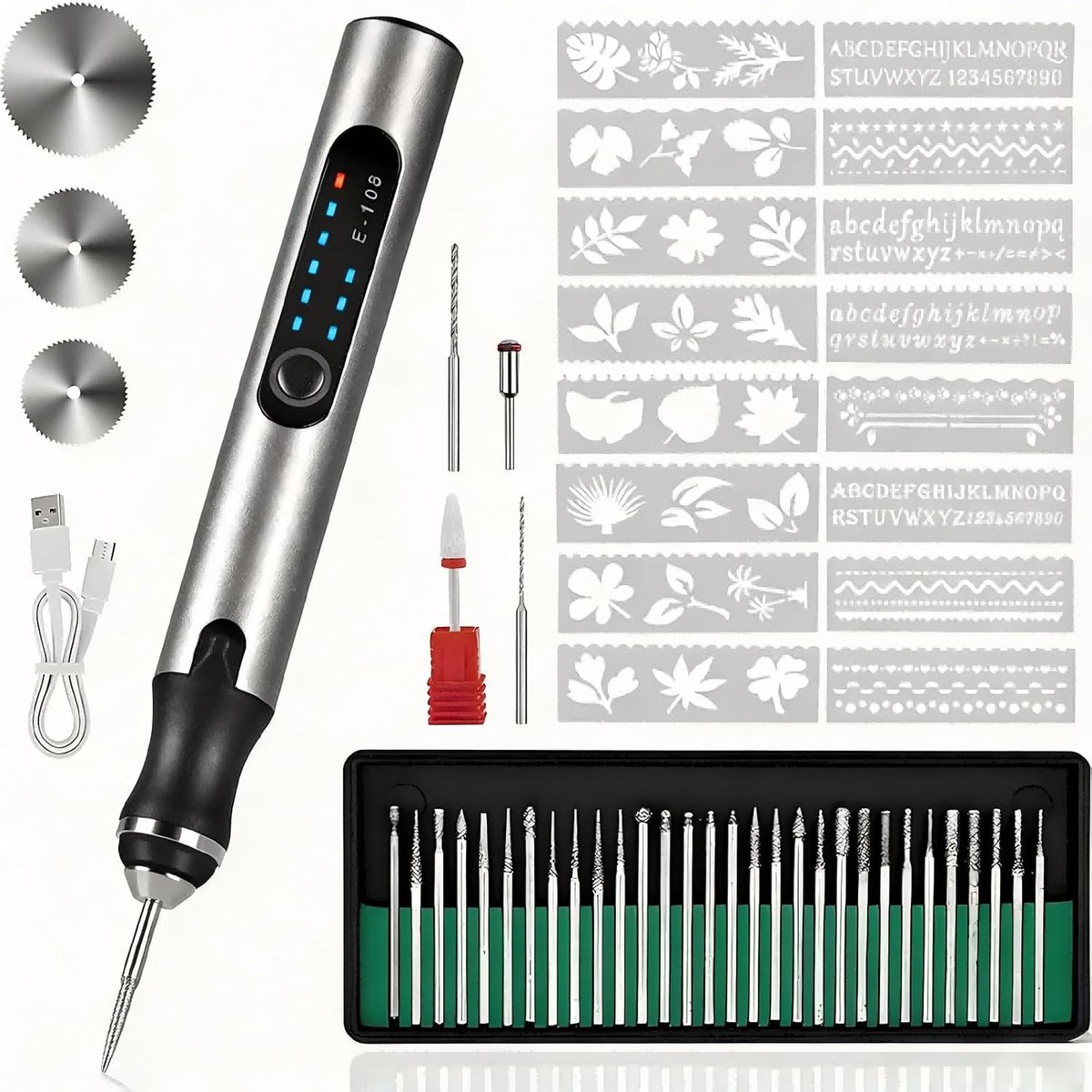 Graveerpen, accu, draadloos, 3 snelheden, 5000-18000 omw/min, USB-C oplaadbaar, 37 accessoires, 16 sjablonen - ShopVlot