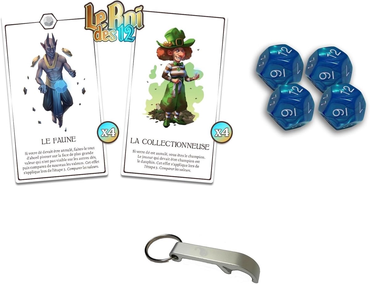 Set The King of the 12 4 XXL Dice + French Version Character Cards + 1 Blumie Stickers (Persos) - ShopVlot