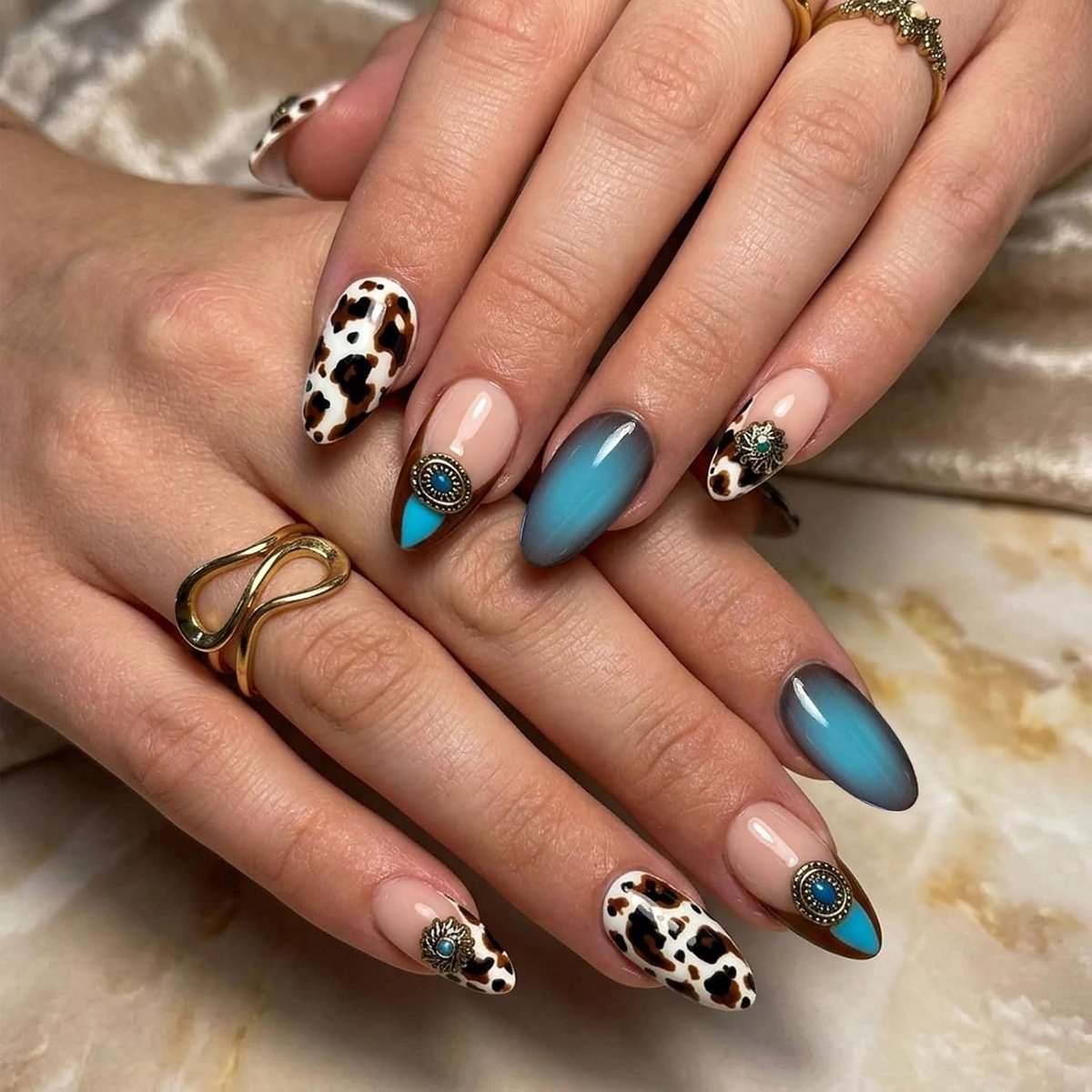 24 Pieces Press on Nails Almond Long Adhesive Nails with Cow Print Turquoise Design and French Look Shiny False Nails - ShopVlot