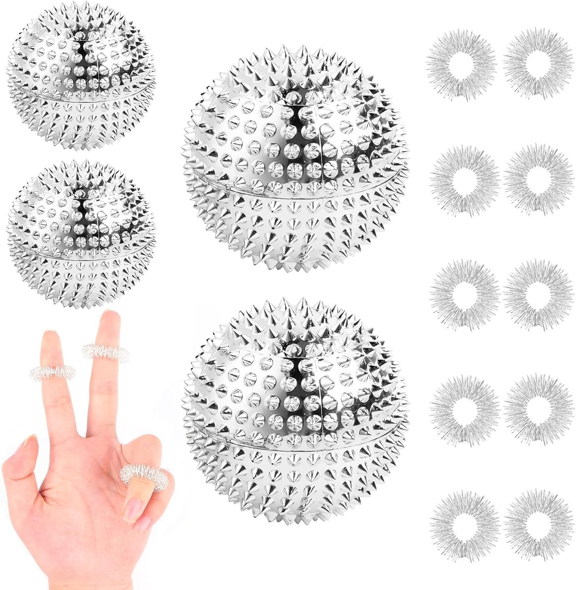 Pack of 4 acupressure balls with 10 acupressure ring fingers, skills ring, acupressure rings, magnetic spiked massage - ShopVlot