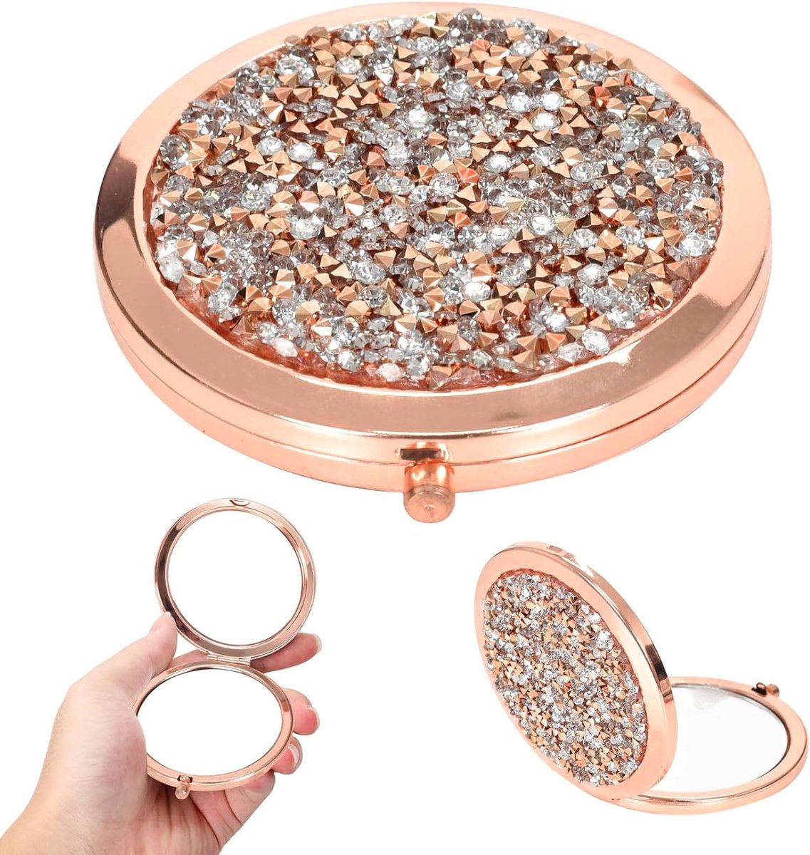 Ronde Draagbare Mini-Make-upspiegel 70 mm - Dubbelzijdige Zakspiegel met Diamanten - Cosmeticaspiegel voor Reizen (Roségoud)