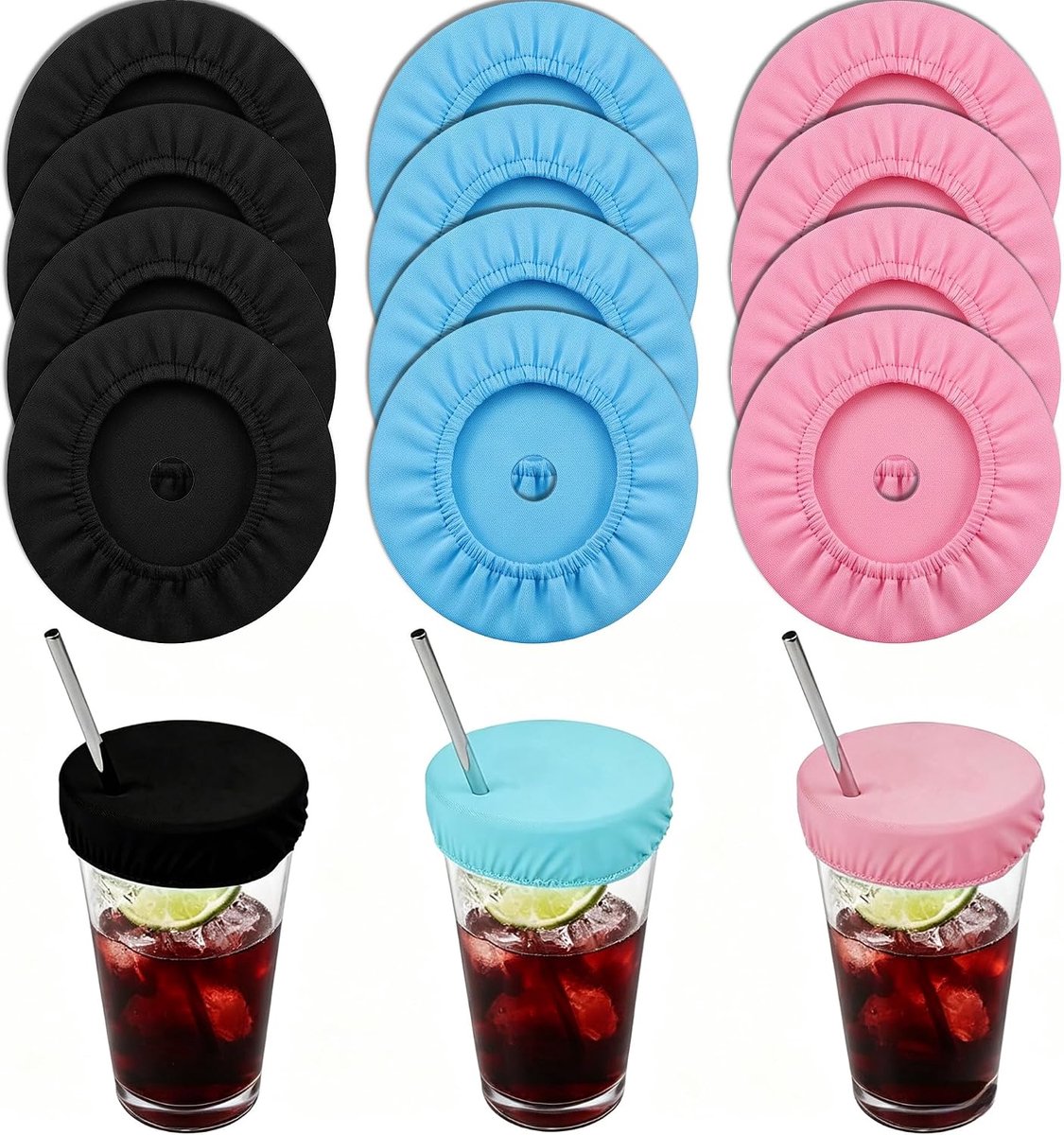 Herbruikbare drinkdeksels - set van 12 - zwart, luchtblauw en roze - beschermt tegen insecten en morsen - ShopVlot