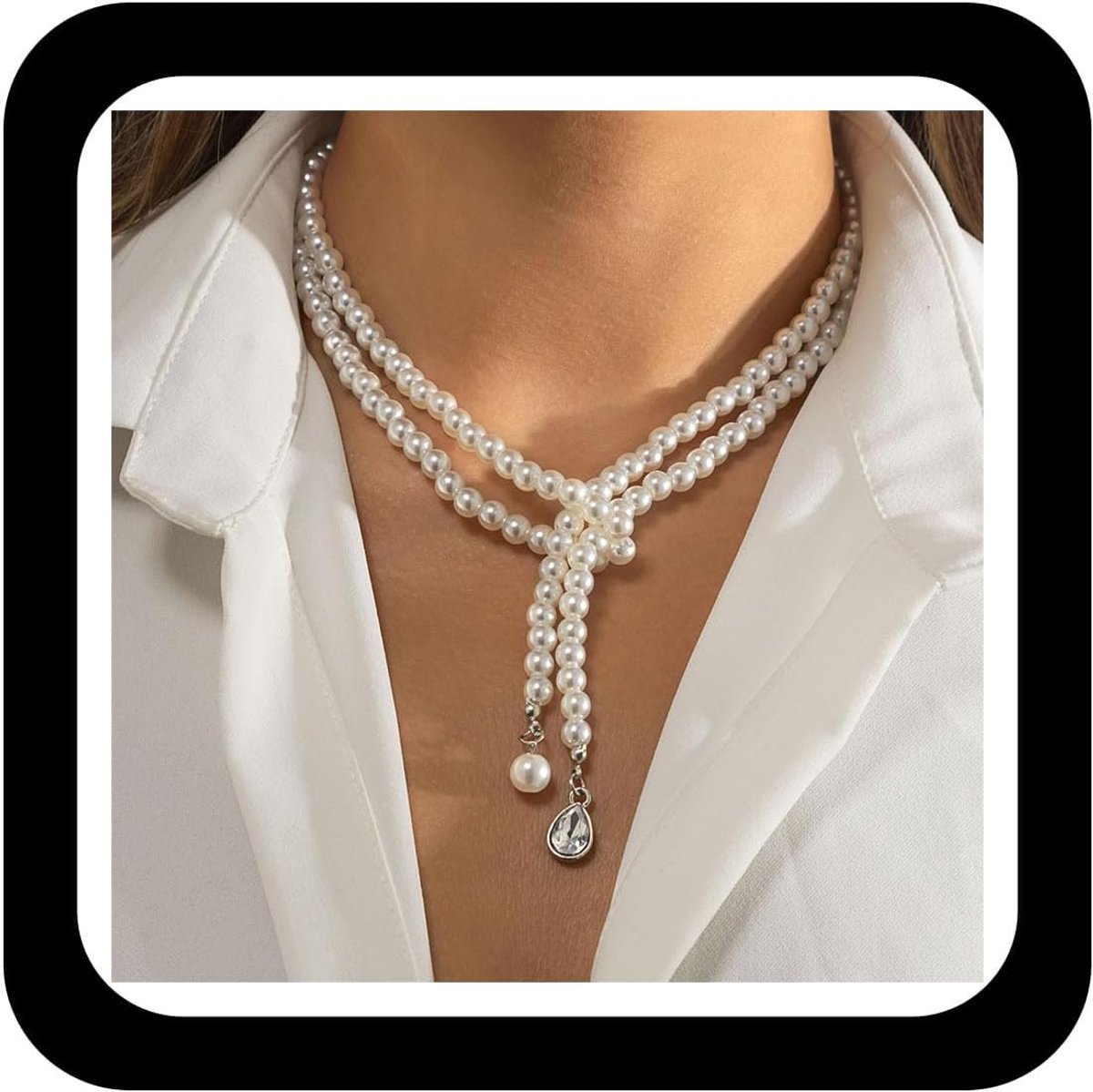Lariat ketting met pareldruppels - dubbele rij witte parels - Y-vorm met rhinestones - elegant trouwjuweel voor vrouwen - ShopVlot