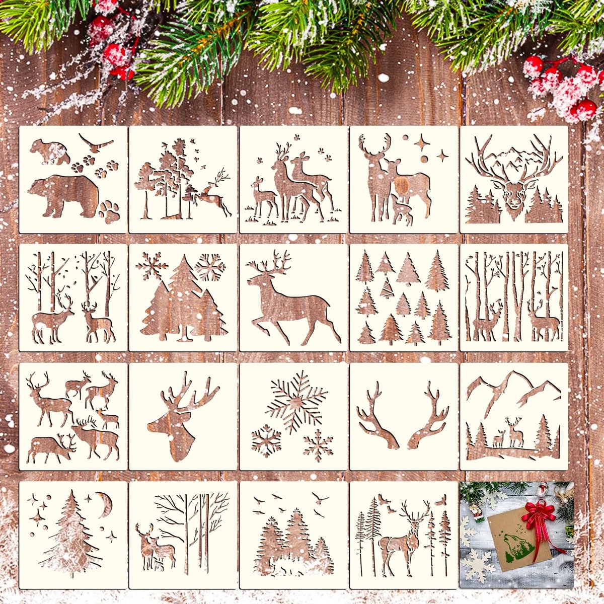 Solidchoice - Set van 20 Herbruikbare Herten Sjablonen voor Schilderen (15 x 15 cm)