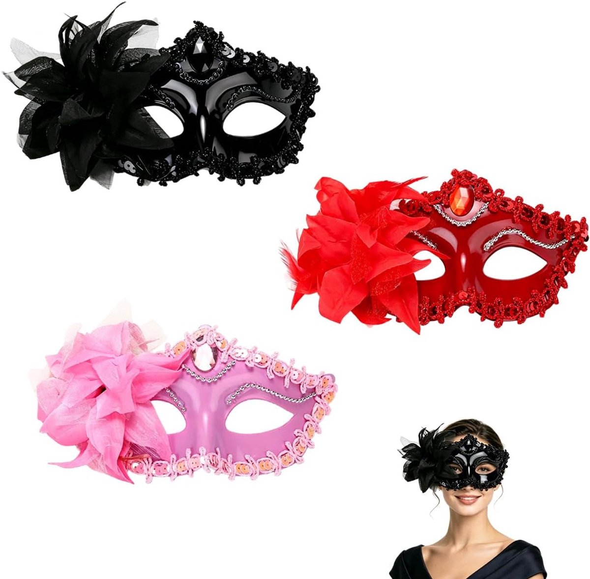 Set van 3 halve gezichtsmaskers - zwart, rood en roze - met kant en strass - perfect voor Halloween en carnaval - ShopVlot