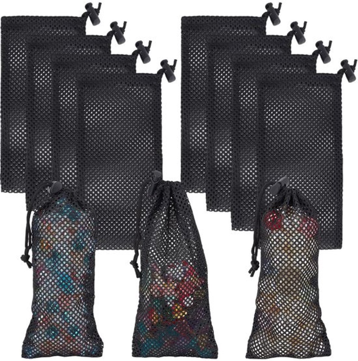 Set van 10 zwarte polyester wasnetten met trekkoord, mini rechthoekige opbergzakken van 20x10 cm, ideaal voor reizen, sportschool en het organiseren van cadeaus