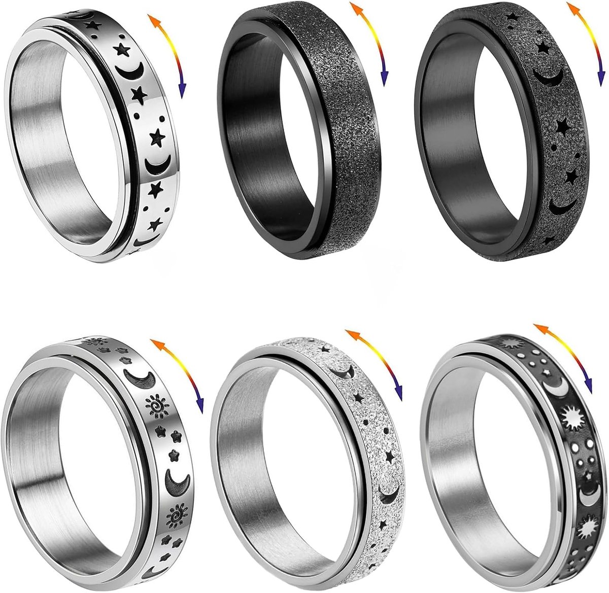 Spinner Ring voor Angst - 6-delige Rvs Spinner Ringen - Ster en Maan Design - Voor Stijl en Ontspanning - ShopVlot