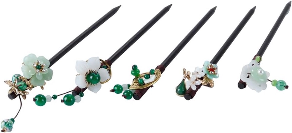 Haarspelden set van 5 - Houten haarpinnen - Vintage Chinees design - Bloemen en kwastjes - ShopVlot