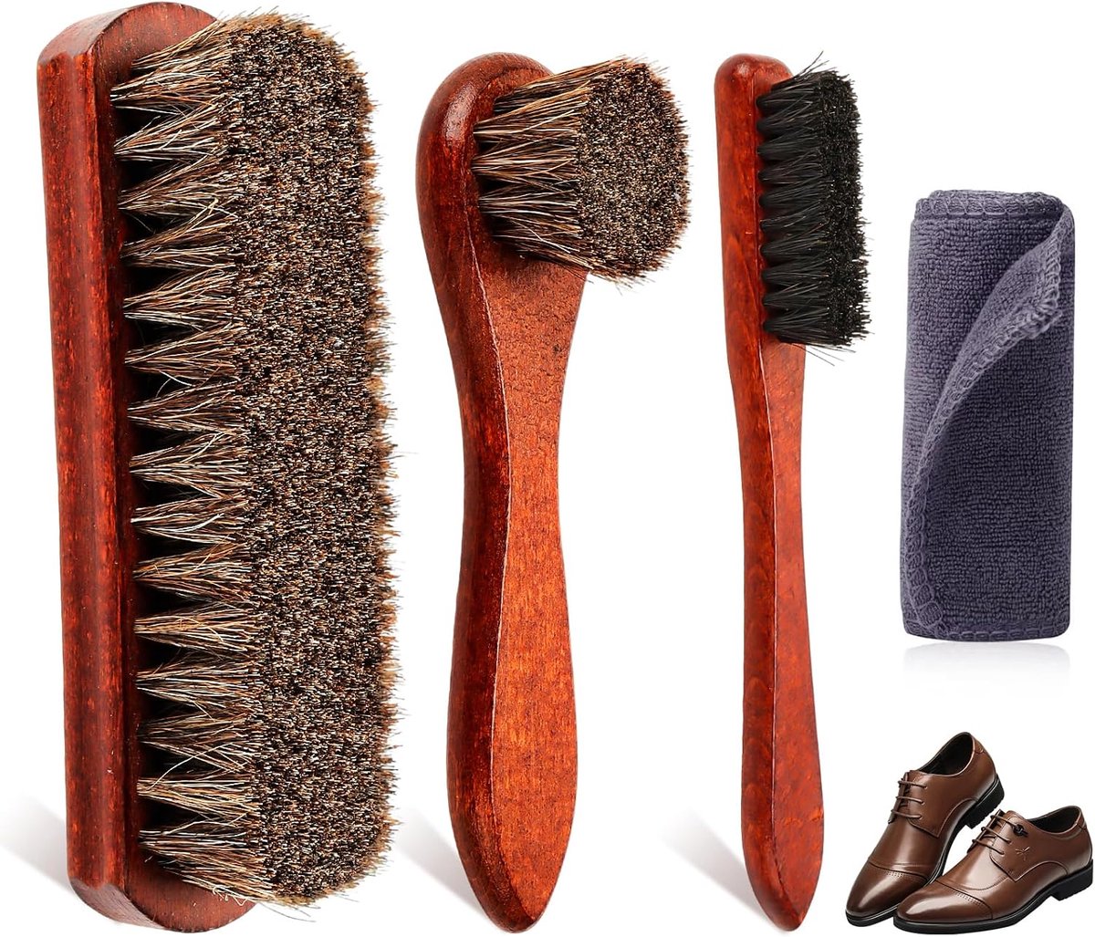 Schoenverzorgingsset 4-delig - 100% paardenhaar - beukenhouten handvat - complete verzorging voor leren schoenen - ShopVlot