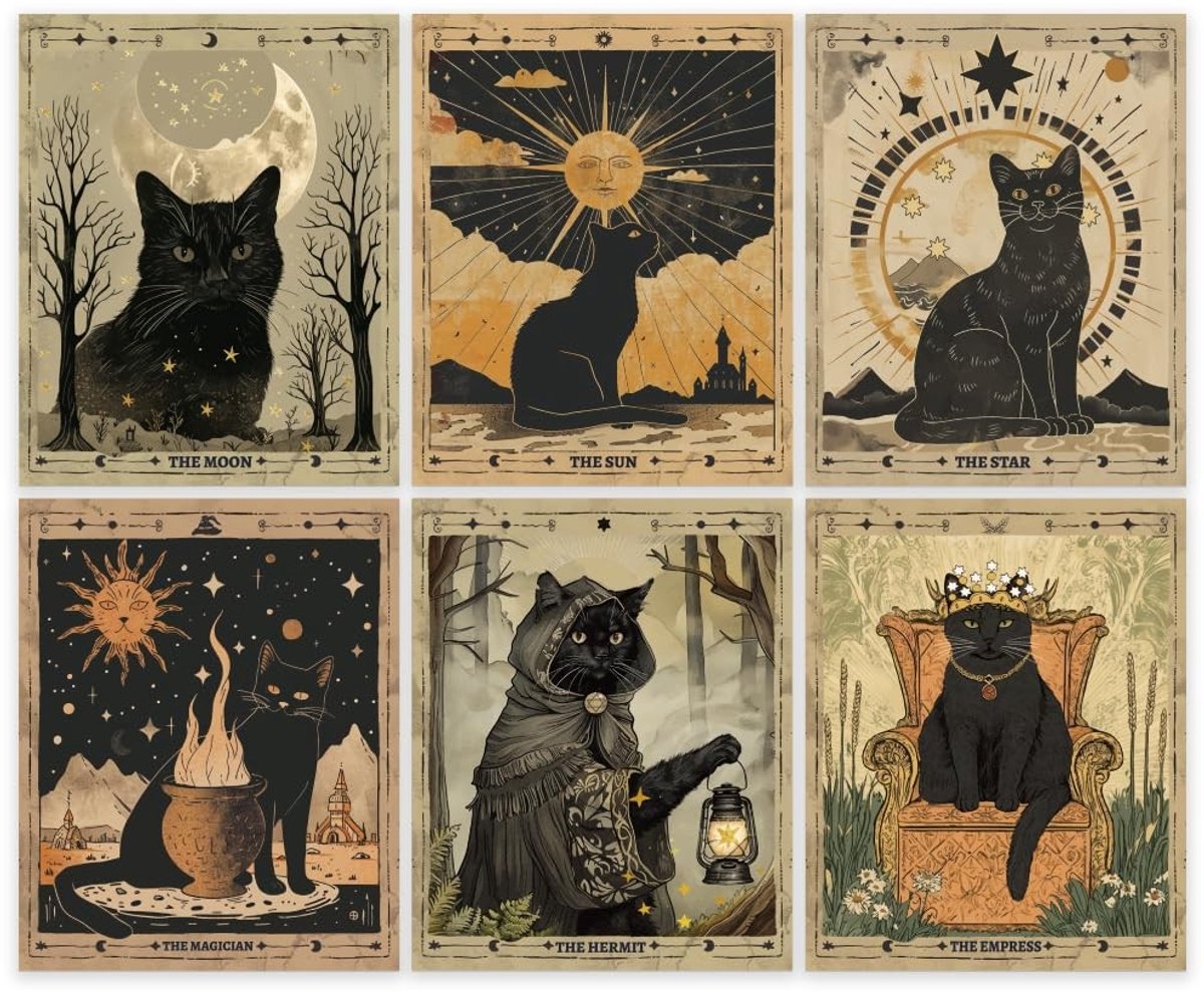 Solidchoice - Set van 6 Vintage Black Cat Tarot Posters