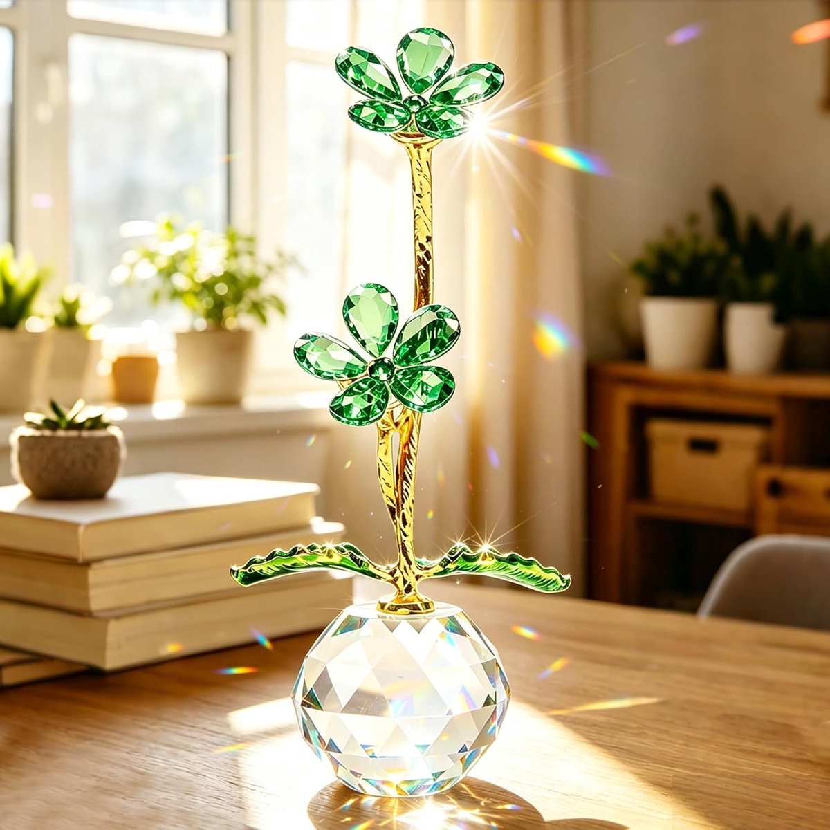 Glazen bloemenvaas met kleine groene madeliefjes - elegant kristal - perfect voor Moederdag - ShopVlot