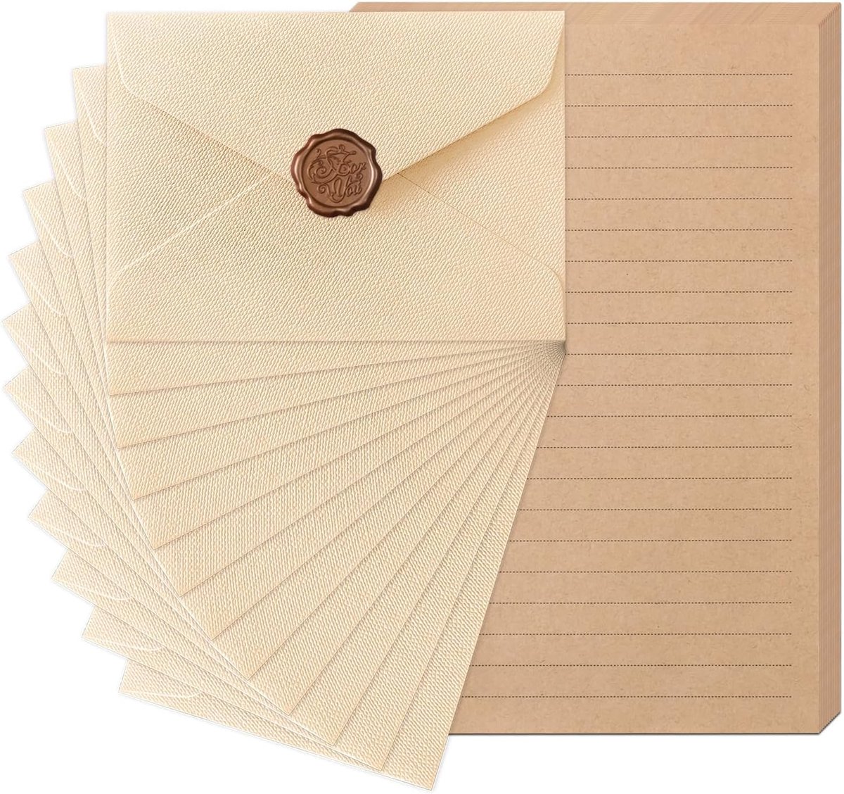 Vintage schrijfpapier set - 12 enveloppen en 24 gelijnd papier - inclusief wax zegels - perfect voor liefdesbrieven - ShopVlot