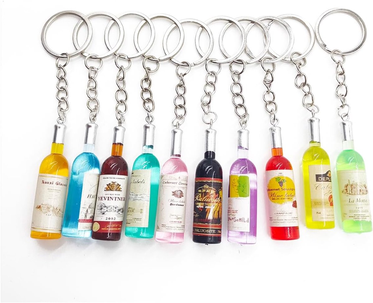 Wijnfles Sleutelhanger 10 Stuks - Miniatuur Wijnfles - Flesopener Sleutelhangertje - Perfect voor Tassen - ShopVlot