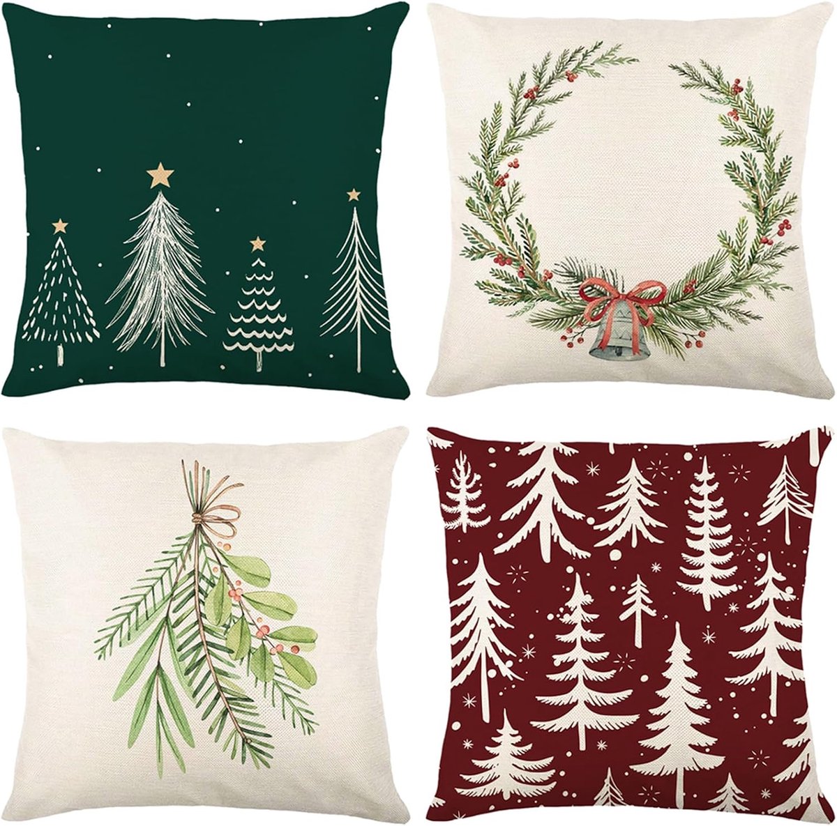 Bseical Christmas Cushion Covers 4 Pieces 45 x 45 cm Linen Look Pillowcases Christmas Tree Pattern Christmas - ShopVlot