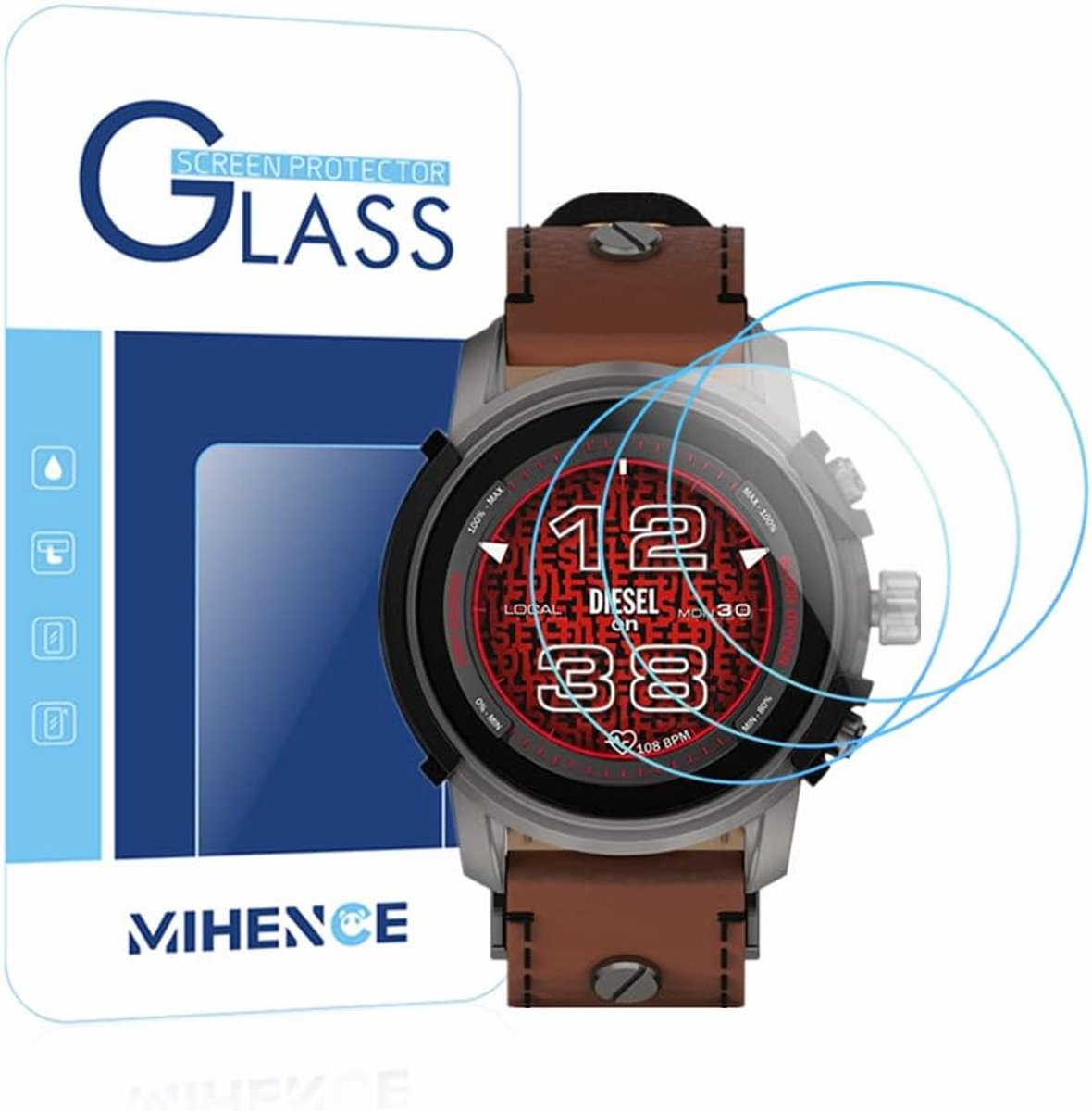 Pack of 3 Compatible with Deisel Handles, 45 mm Protective Film, 9H Anti-Scratch, Premium Real Tempered Glass, Screen - ShopVlot