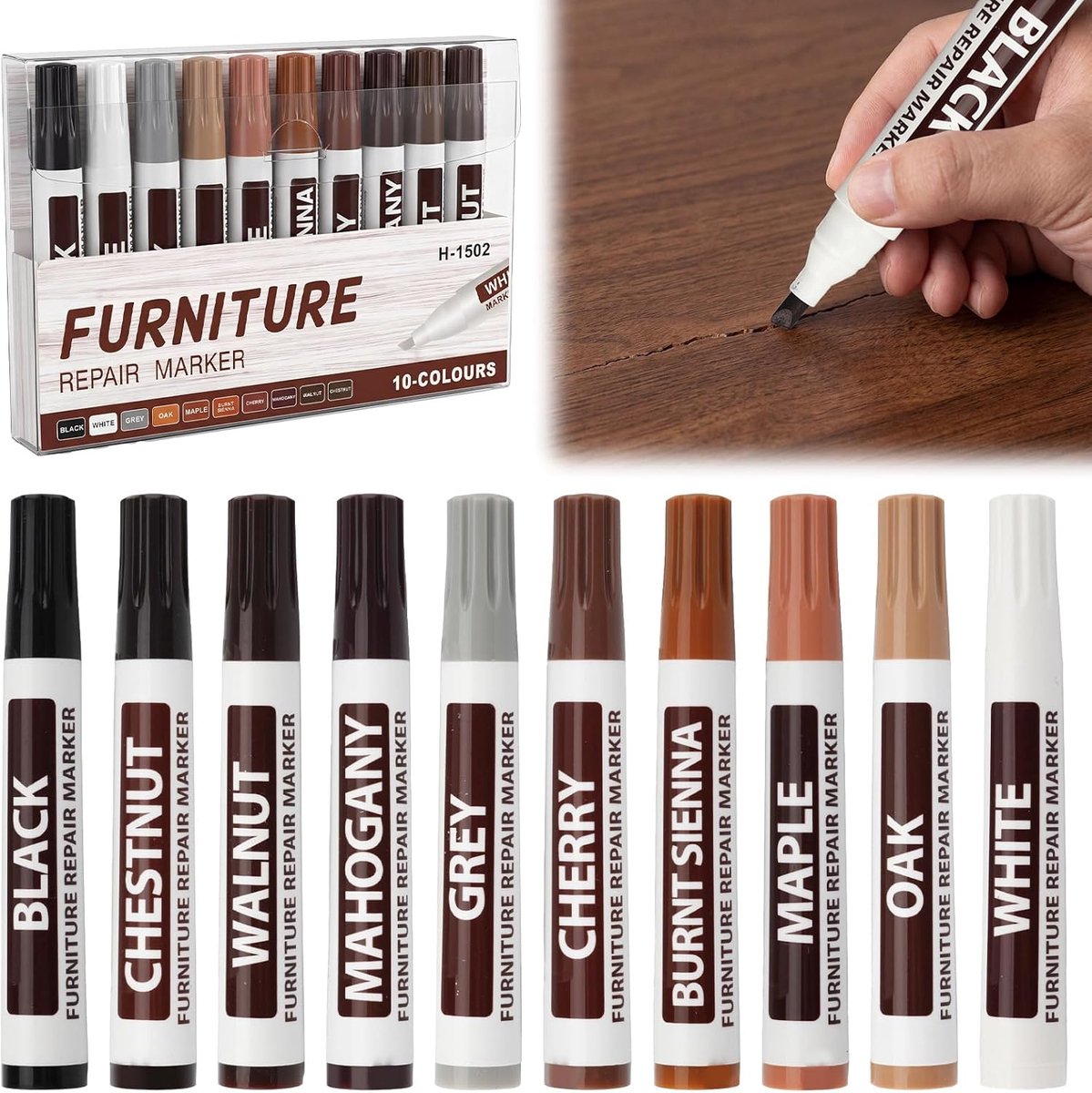 10 stuks reparatiemarkers voor houten meubels, set met 6 verschillende kleuren, voor krassen en reparaties op parket - ShopVlot