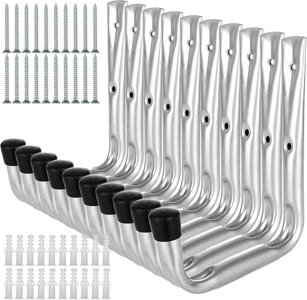 Pack of 10 Wall Hooks Heavy Duty 20 x 16 cm Silver Heavy Duty Hooks with Nails and Expansion Tube for Garden Tools - ShopVlot