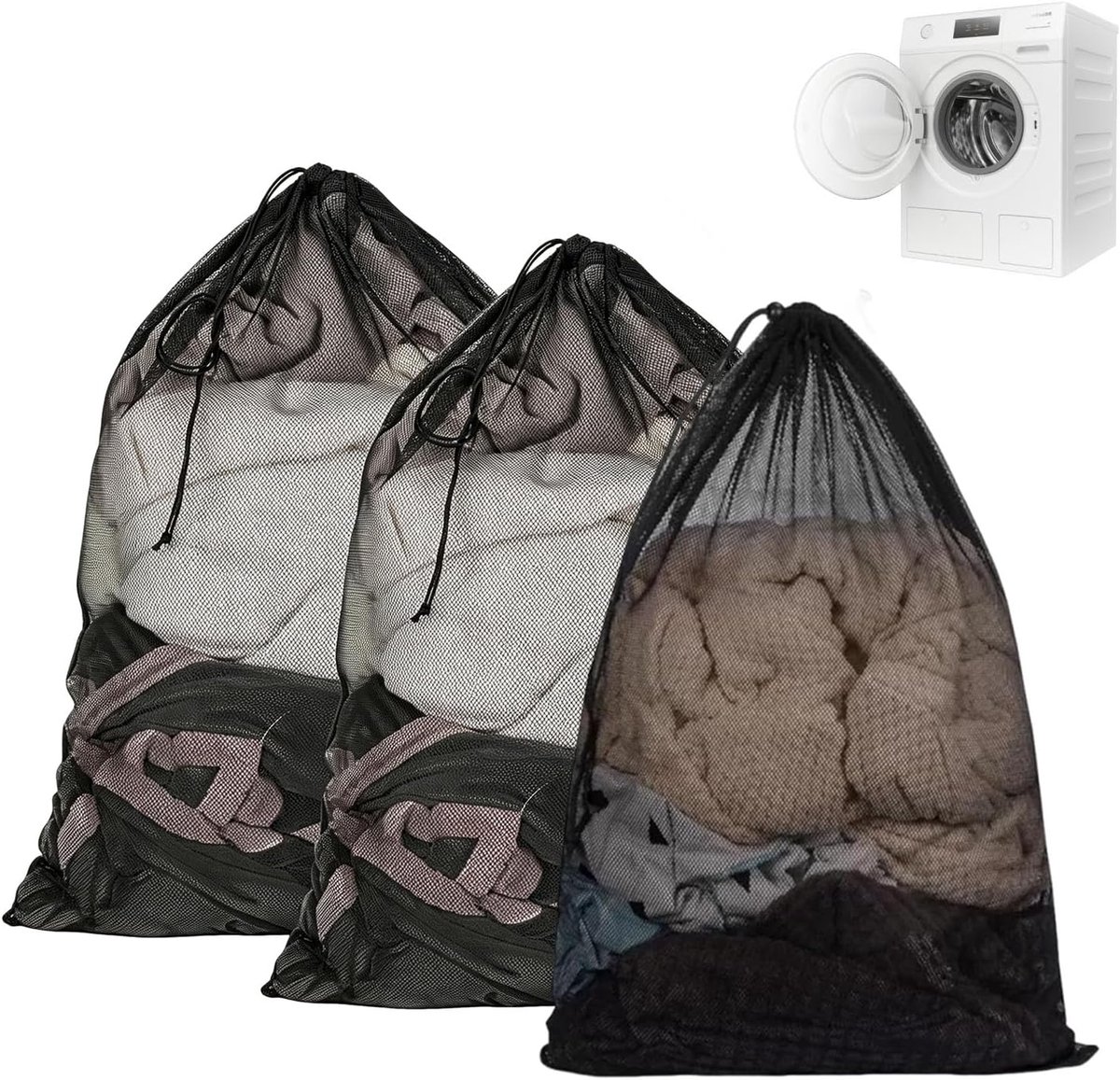 3-delige waszakken met trekkoord, grote waszakken van robuust netweefsel, wasmachine, 70 x 90 cm, met trekkoord voor - ShopVlot