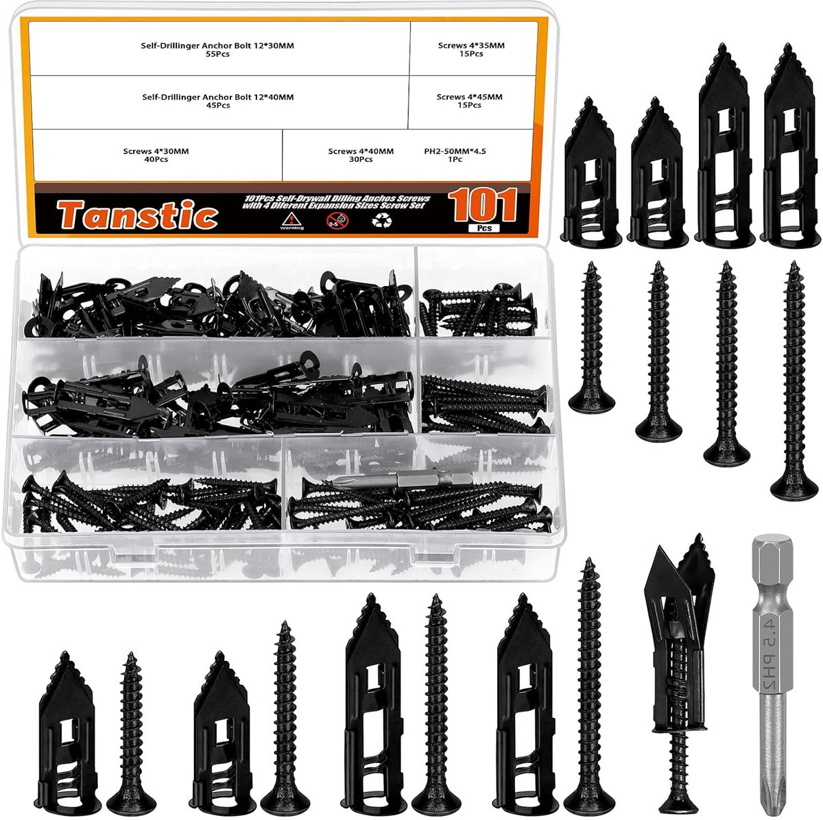 Tanstic Pack of 100 Self Drilling Drywall Anchors with Screws, 4 Different Sizes, Dry Wall Screws, No Drilling or Wall - ShopVlot
