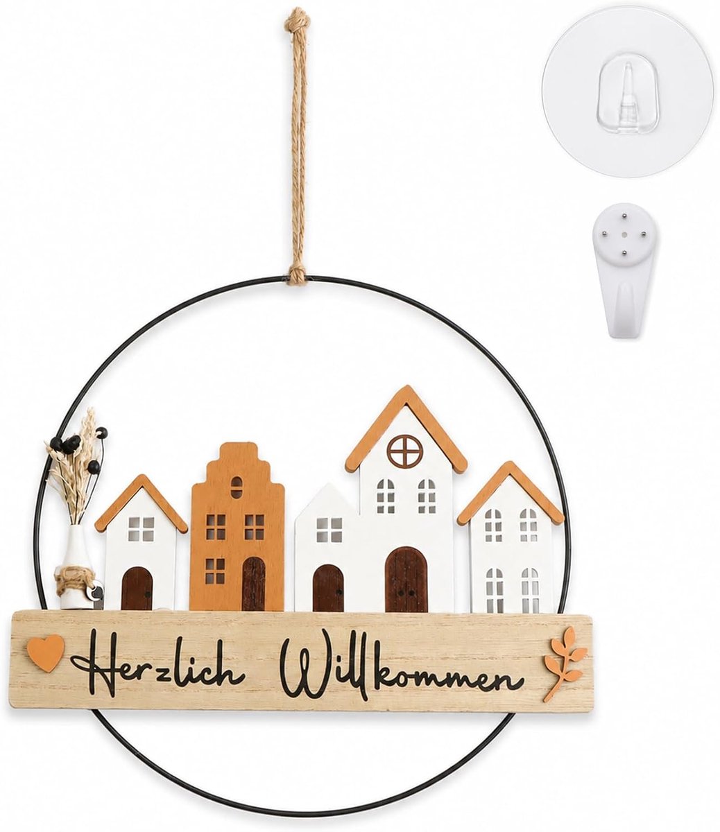 Metalen Sierring Ø28cm Met Droogbloemen En Huismotief Decoratie Deur Ingang - ShopVlot