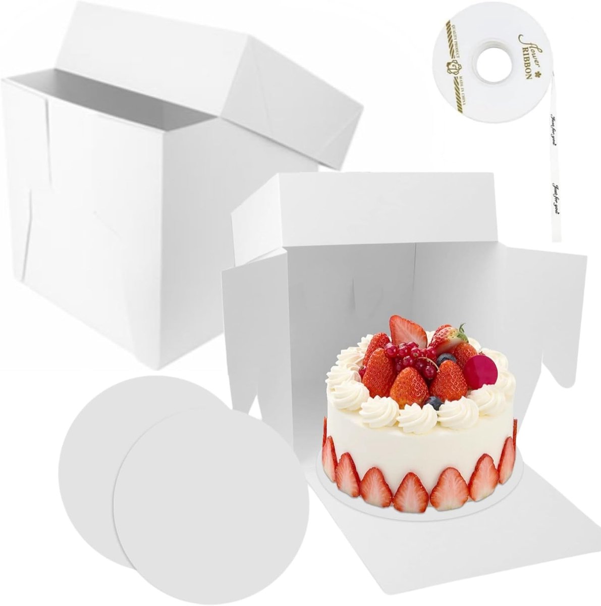 Cake Box, 2 Pieces, High, 30 x 30 x 20 cm, with Cake Plate, Cake Box, Cake Box, Cake Box, 30 x 30 cm, with Satin - ShopVlot