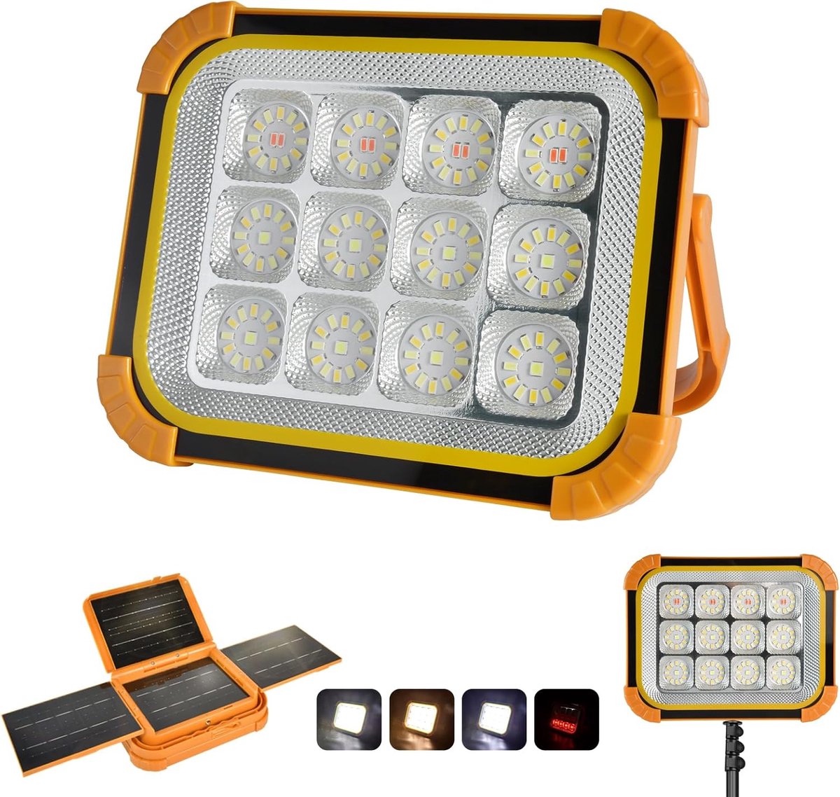 24000mAh zonne-werklamp met 4 zonnepanelen, 200W 20000LM LED oplaadbare schijnwerper, (wit/warm/natuur/rood) IPX5 - ShopVlot