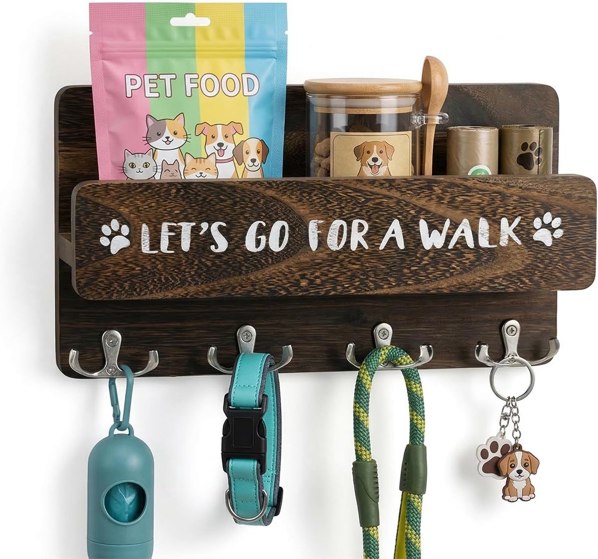 Joyzan Hondengarderobe met plank, wandhouder hout met 4 dubbele haken, wandhaken voor hondenriem, hondensleutelhanger - ShopVlot