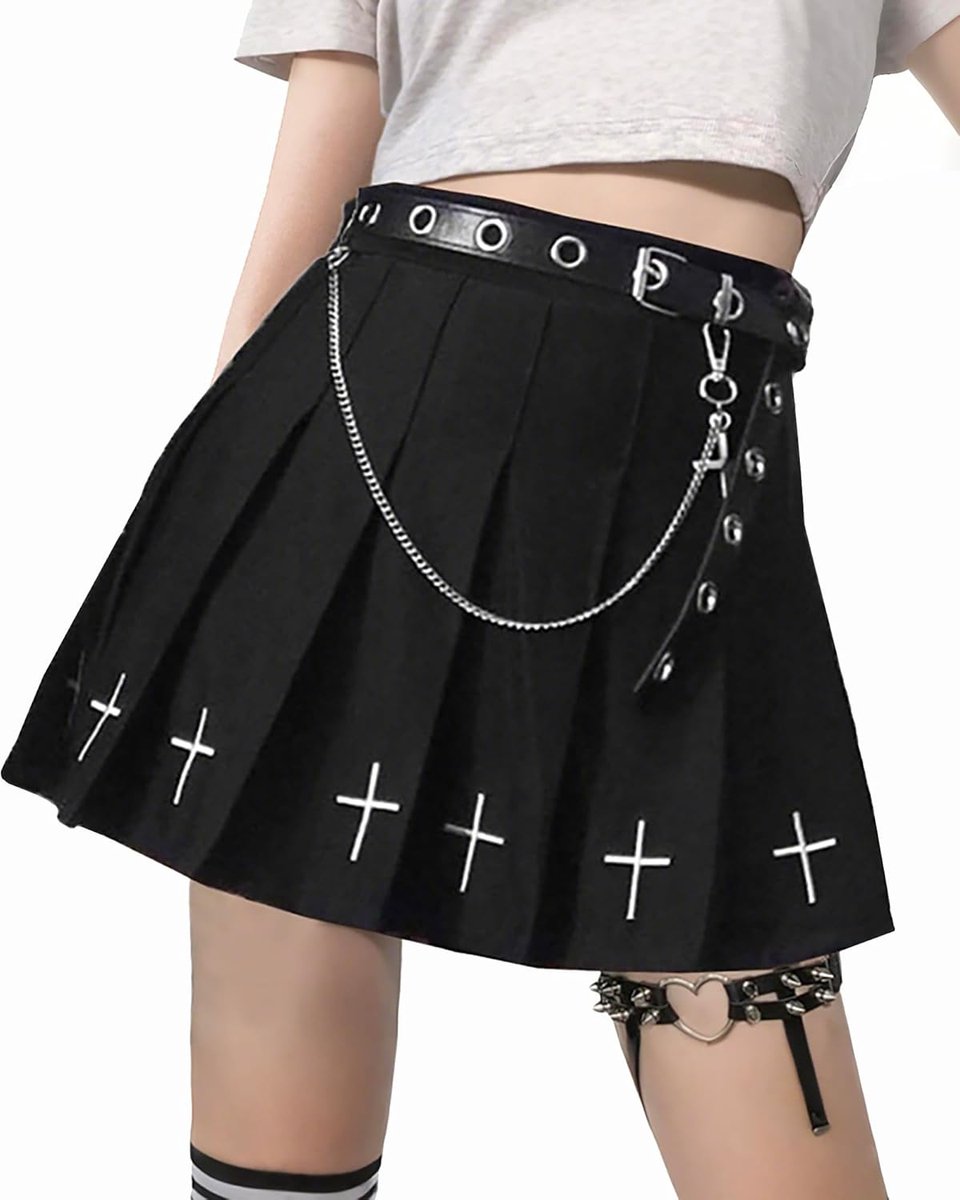 Cross Print Black Pleated Skirt With Chain Goth Punk High Waist Skater Skirts School Dark Uniform - ShopVlot
