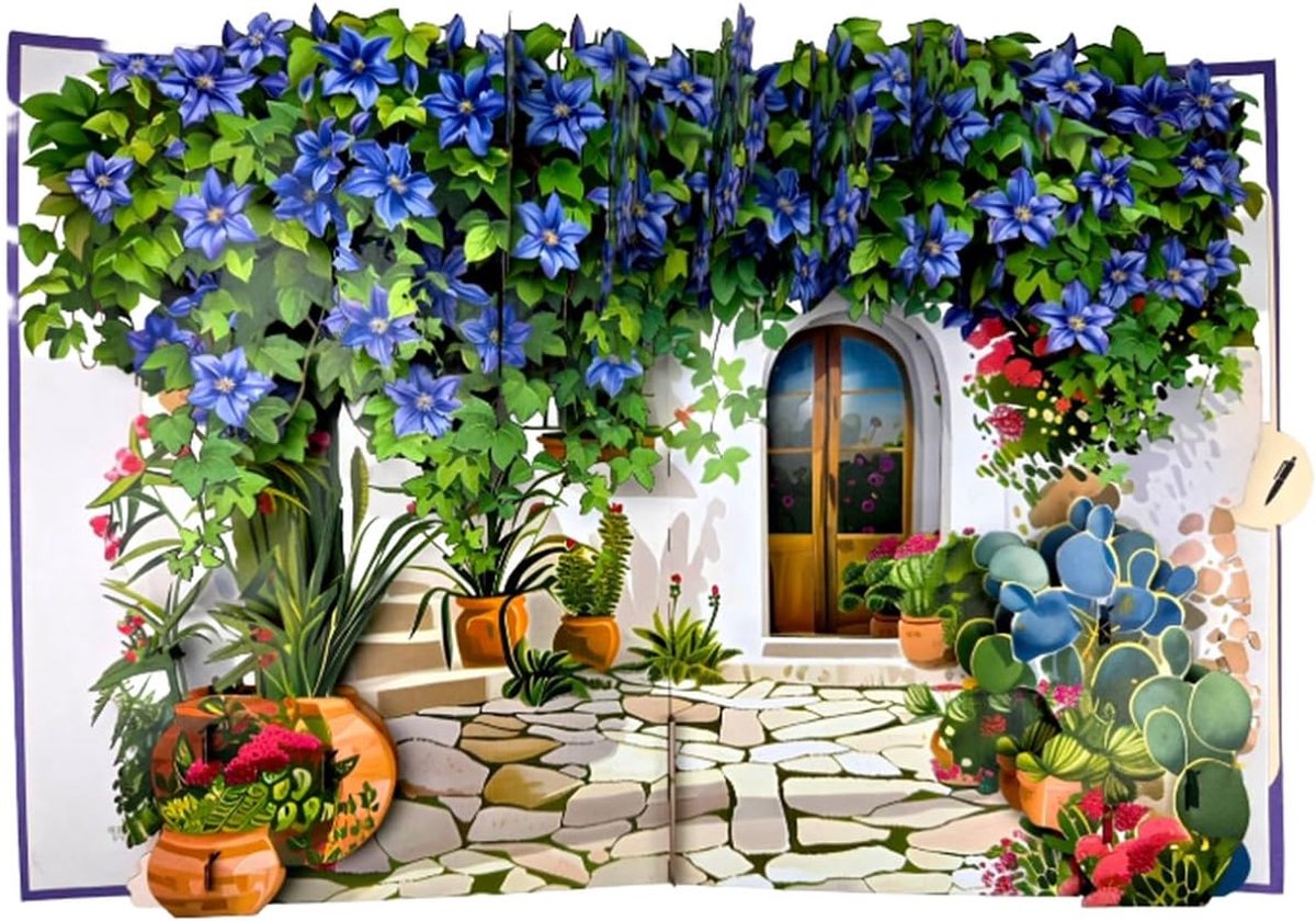 3D pop-up wenskaart mediterrane binnenplaats met blauwe bloemen en terracotta potten, geopend 30 x 20 x 9 cm - ShopVlot
