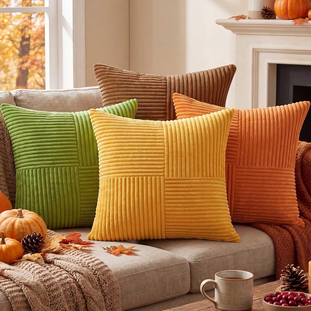 Benjia Set van 4 Herfst Kussenslopen 45 x 45 cm, Gestreept Decoratieve Kussenhoes Zacht Kussenslopen voor Bank Bed - ShopVlot